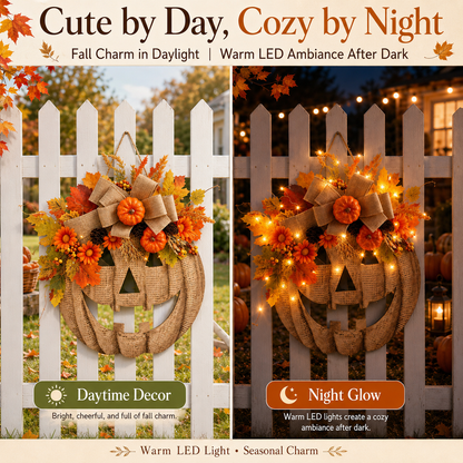 🎃✨Lighted Burlap Pumpkin Wreath