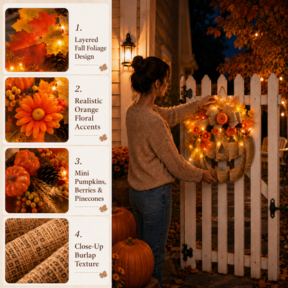 🎃✨Lighted Burlap Pumpkin Wreath