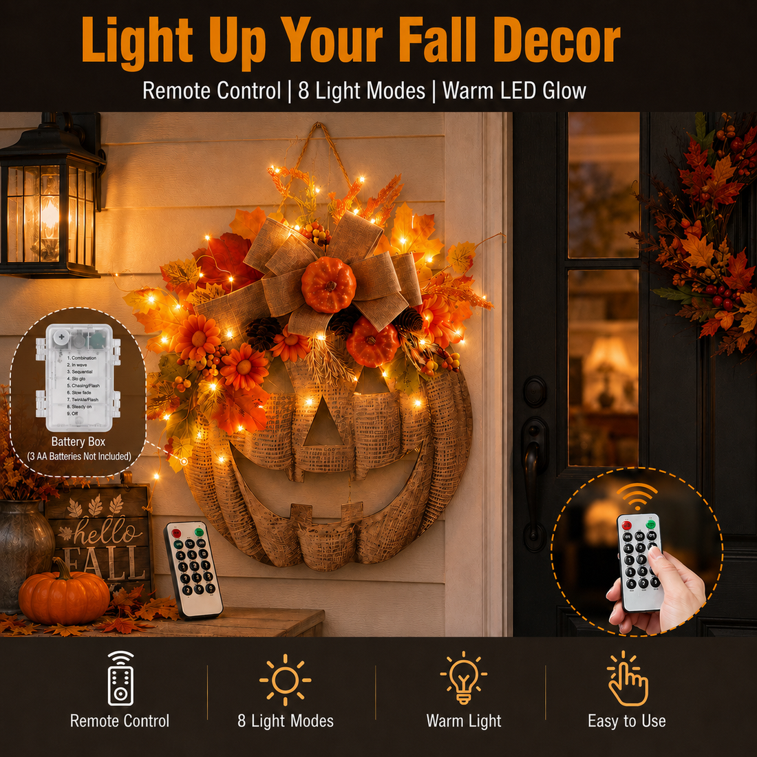 🎃✨Lighted Burlap Pumpkin Wreath