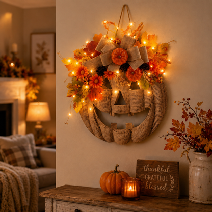 🎃✨Lighted Burlap Pumpkin Wreath
