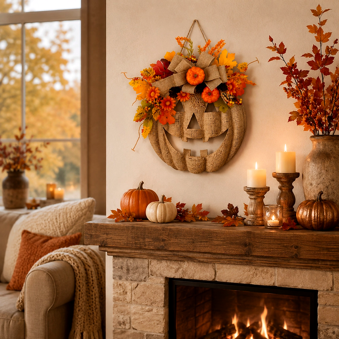 🎃✨Lighted Burlap Pumpkin Wreath