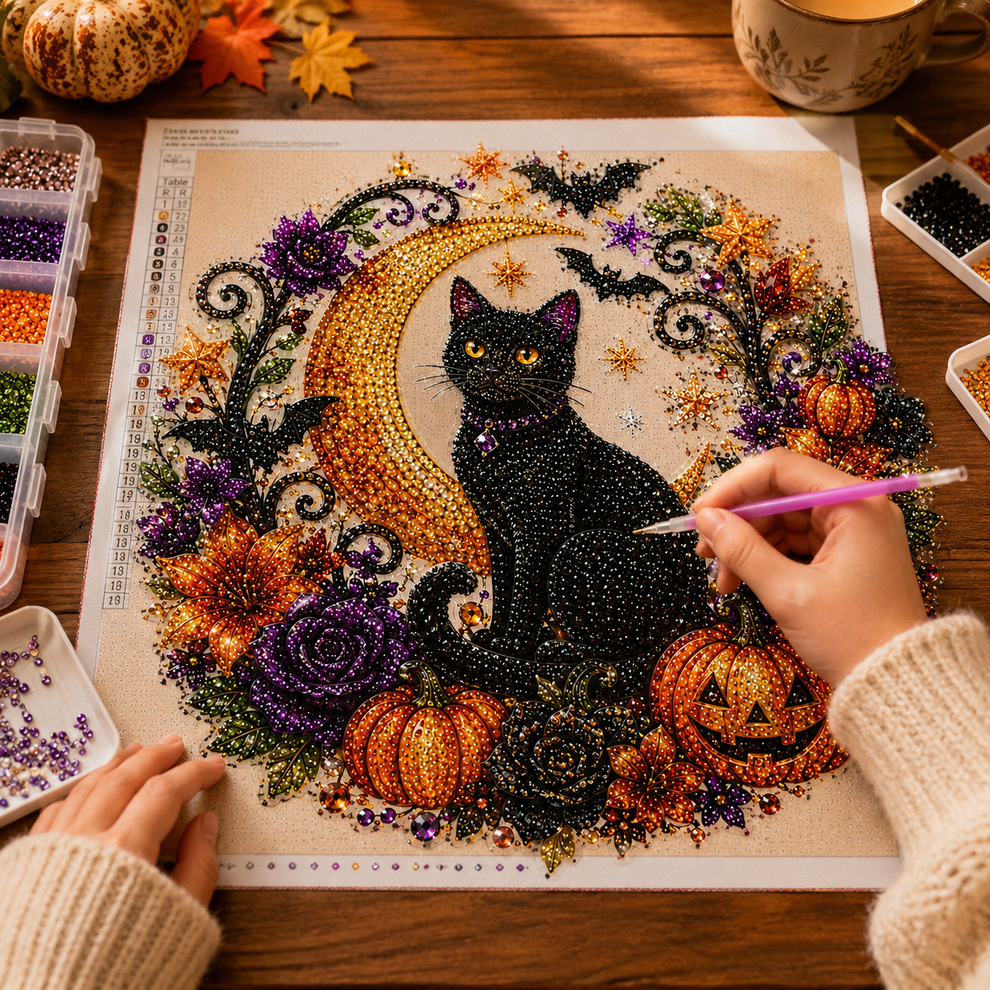 Halloween Black Cat Moon Diamond Art Hanging Ornament Kit