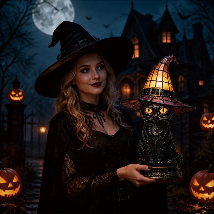 🎃Gothic Stained Glass Witch Black Cat Table Lamp | Halloween Witch Hat Night Light Decor