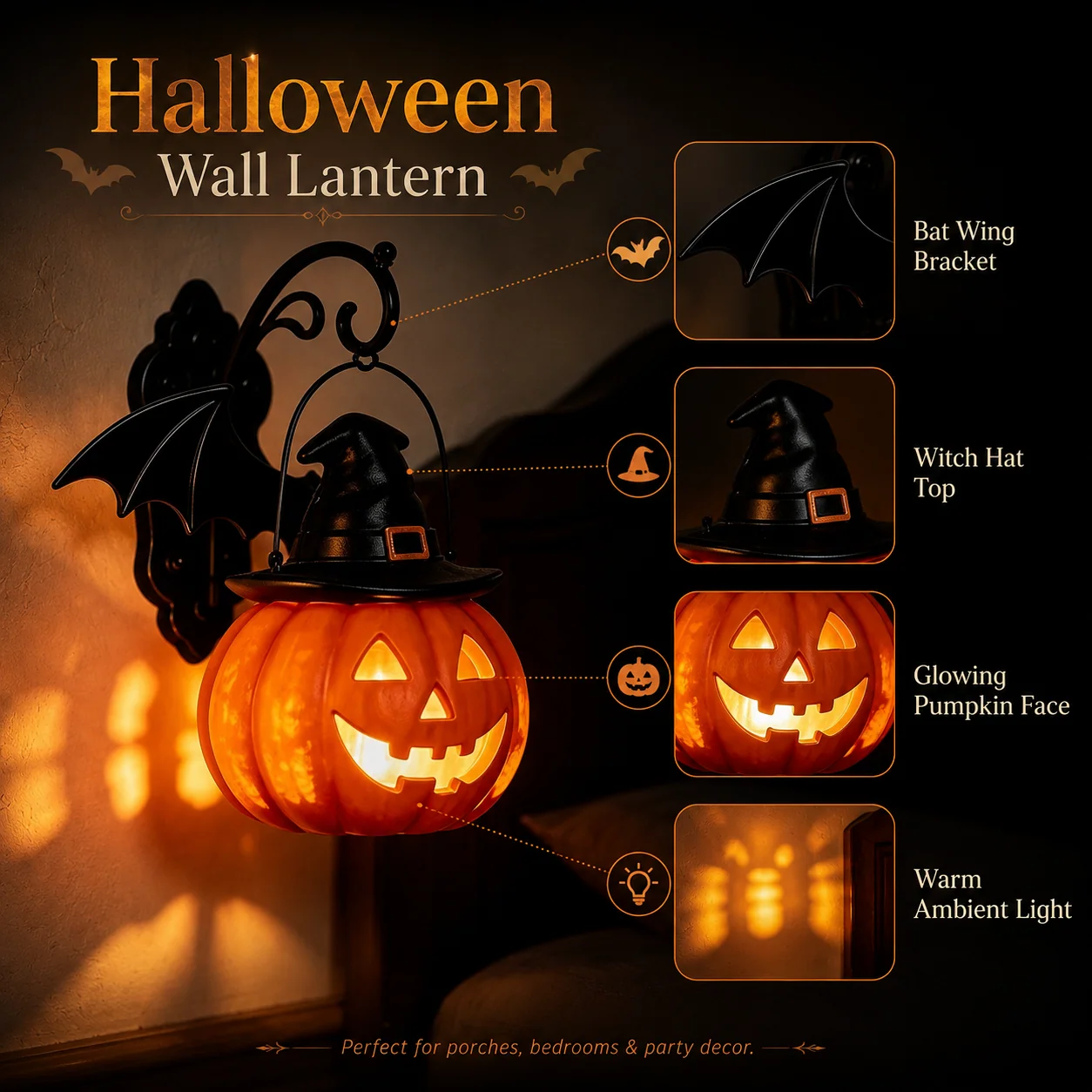 Bat Hat Pumpkin Wall Lamp