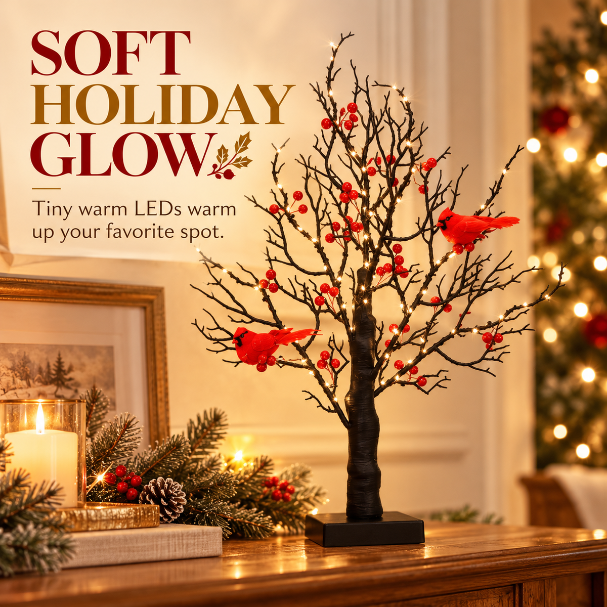 🎄 LED Cardinal Christmas Tree with Warm Lights & Red Berries