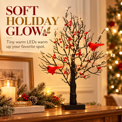 🎄 LED Cardinal Christmas Tree with Warm Lights & Red Berries