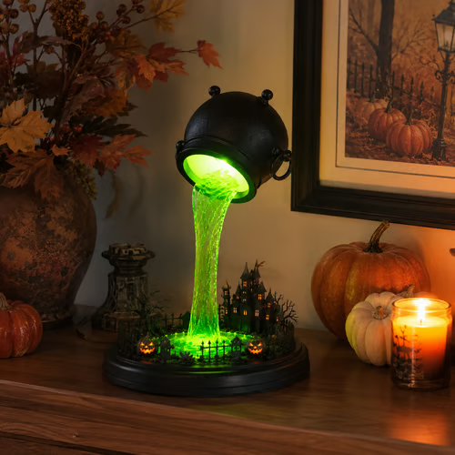 Glowing Witch Cauldron Desk Lamp | Spilling Green Magic Light With Haunted Castle, Pumpkins & Gothic Halloween Vibes