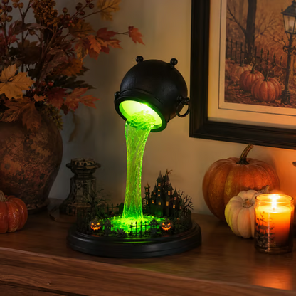 Glowing Witch Cauldron Desk Lamp | Spilling Green Magic Light With Haunted Castle, Pumpkins & Gothic Halloween Vibes