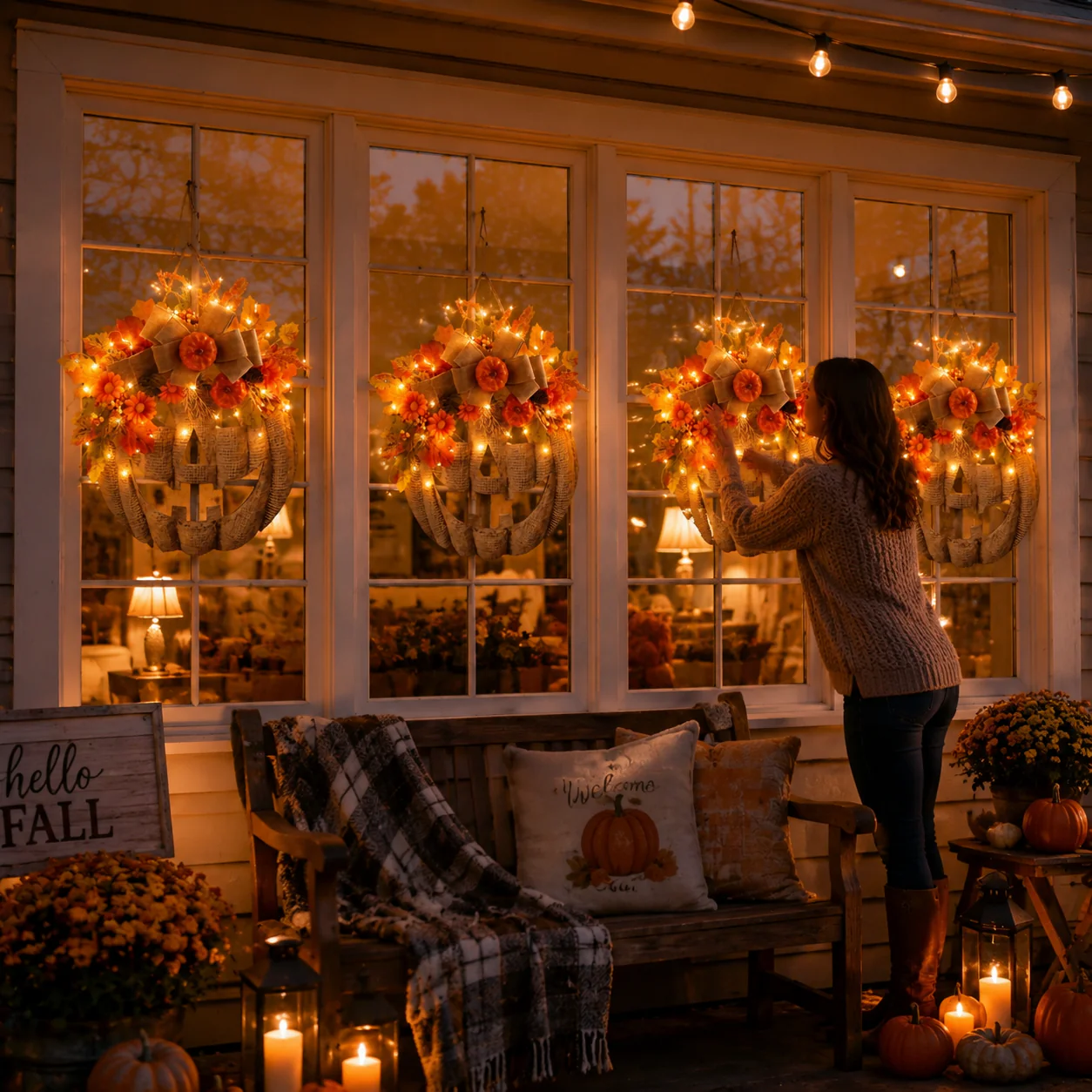 🎃Lighted Burlap Pumpkin Wreath