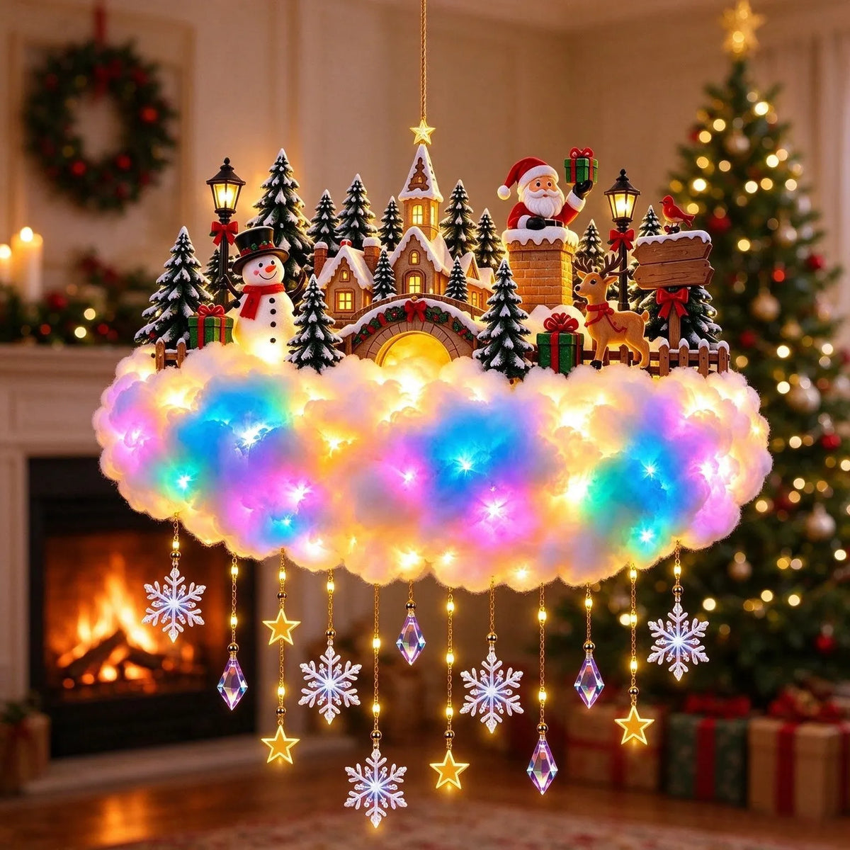 🎄 Light-Up Christmas Cloud Hanging Decor – Santa & Winter Village Holiday Display