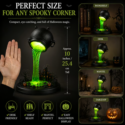 Glowing Witch Cauldron Desk Lamp | Spilling Green Magic Light With Haunted Castle, Pumpkins & Gothic Halloween Vibes