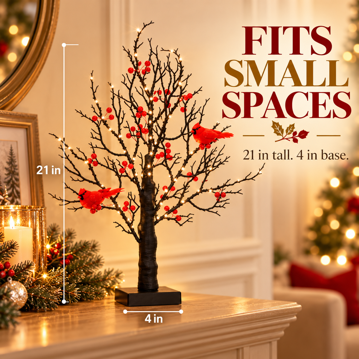 🎄 LED Cardinal Christmas Tree with Warm Lights & Red Berries
