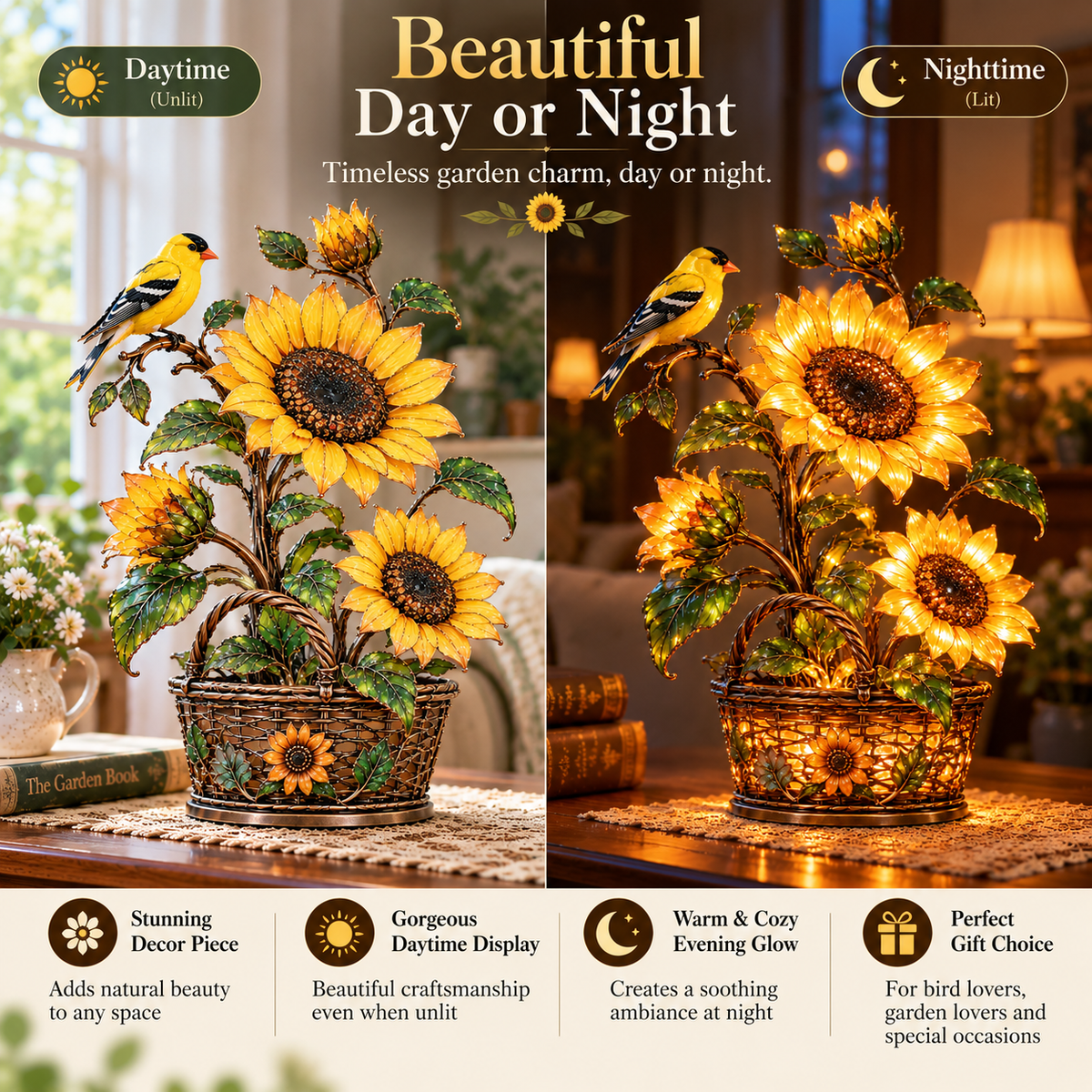 ⏰Limited Stock 50% OFF - 🌻 Golden Sunflower & Goldfinch Basket Lamp | Lighted Floral Table Decor ✨