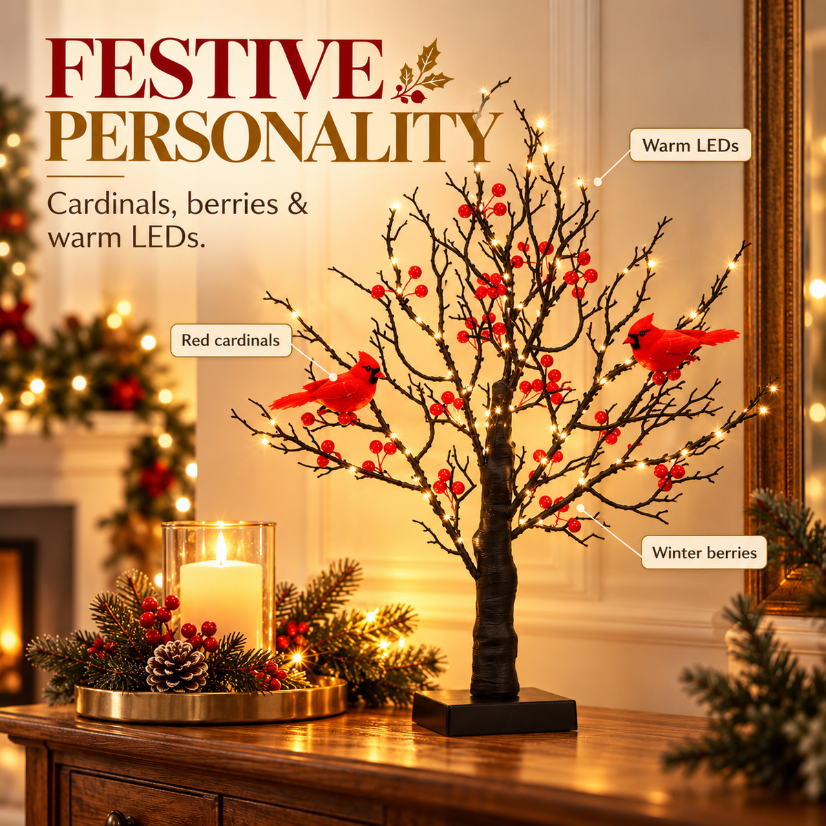 🎄 LED Cardinal Christmas Tree with Warm Lights & Red Berries