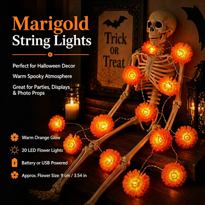 Artificial Marigold Flower Led String Light – Perfect For Day Of The Dead & Halloween