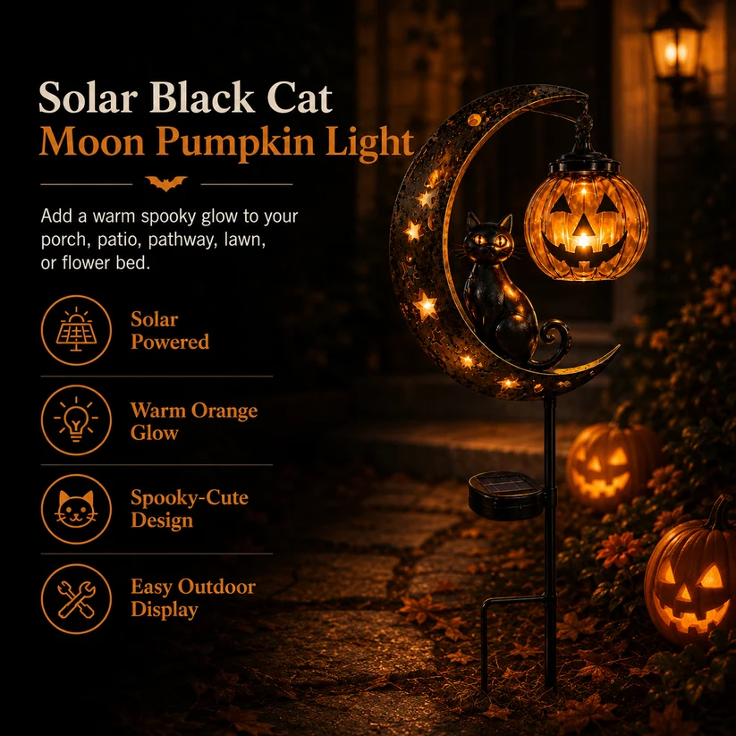 Get Ready For Spooky Season | Solar Black Cat Moon Pumpkin Outdoor Stake Light