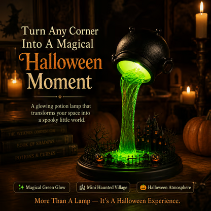 Glowing Witch Cauldron Desk Lamp | Spilling Green Magic Light With Haunted Castle, Pumpkins & Gothic Halloween Vibes