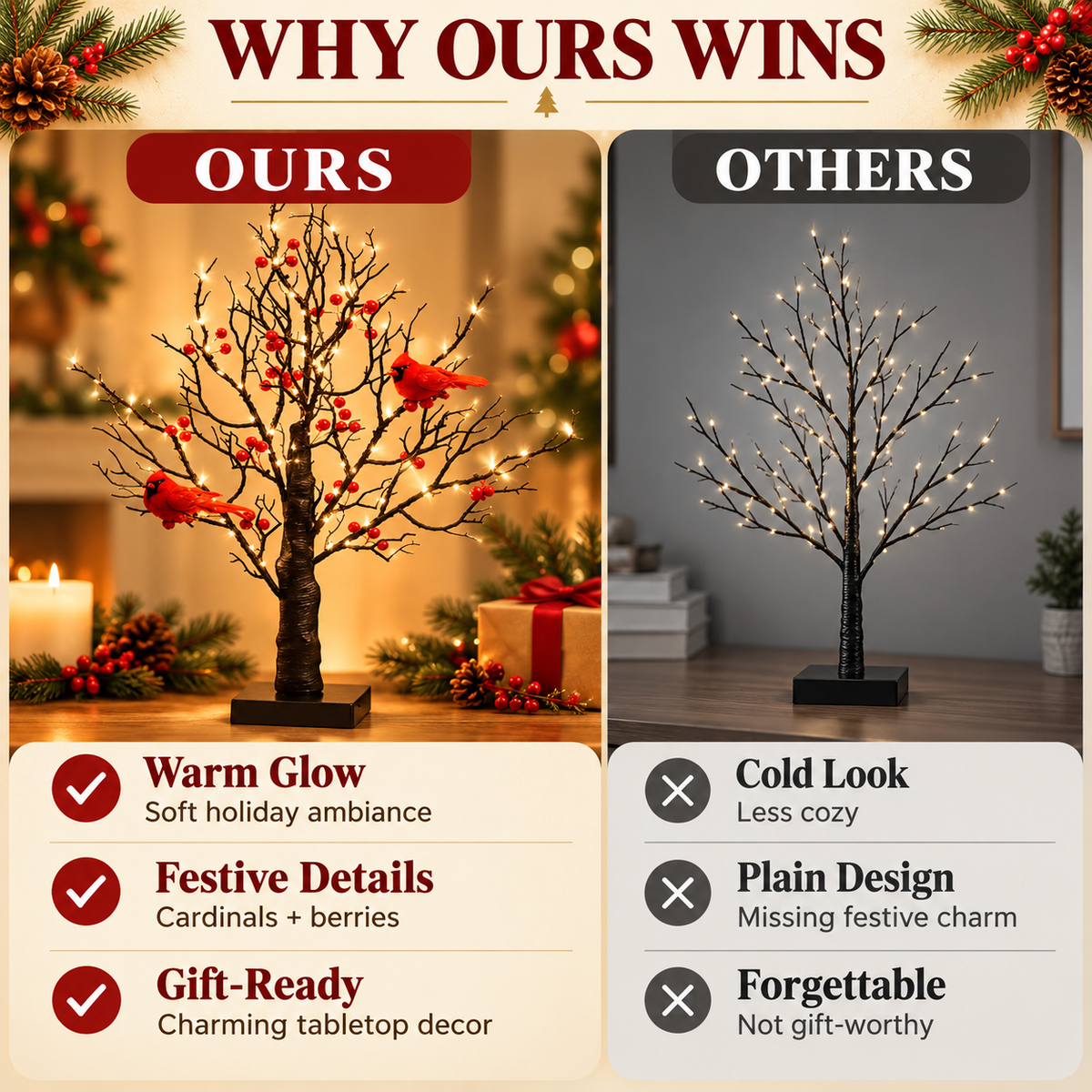 🎄 LED Cardinal Christmas Tree with Warm Lights & Red Berries