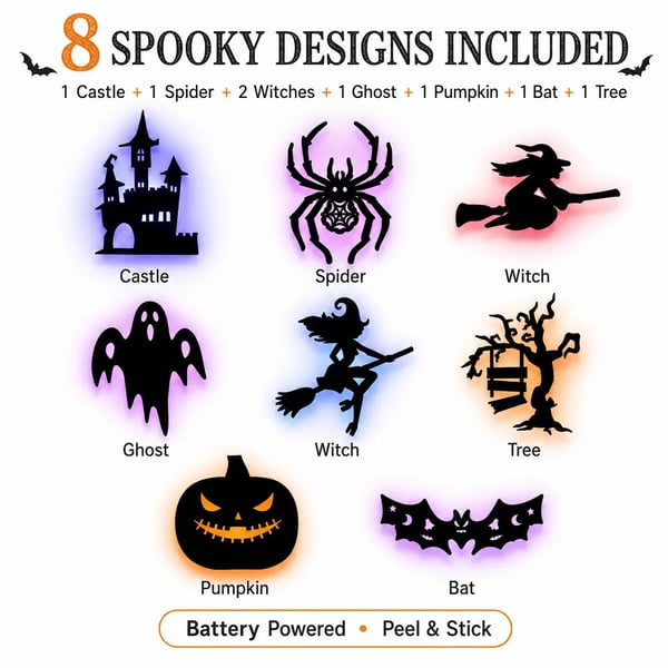 Halloween LED Silhouette Wall Light Sticker, Battery Powered Peel And Stick Decorative Light