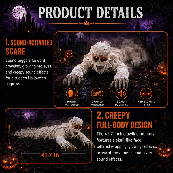 Sound-Activated Animated Crawling Mummy With Glowing Red Eyes
