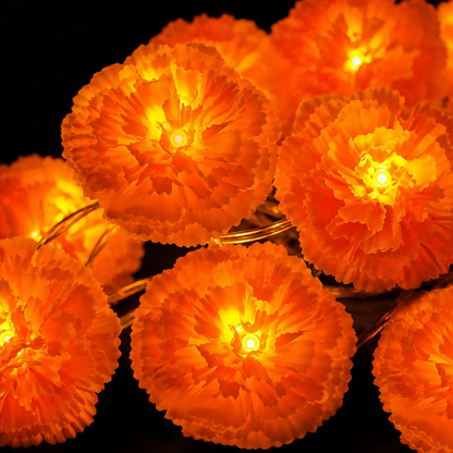 3 M Mexican Marigold Flower String Lights, 20 Flashing Orange LED Cempasuchil Style Garland, Battery Powered Day Of The Dead Altar Halloween Fall Decor
