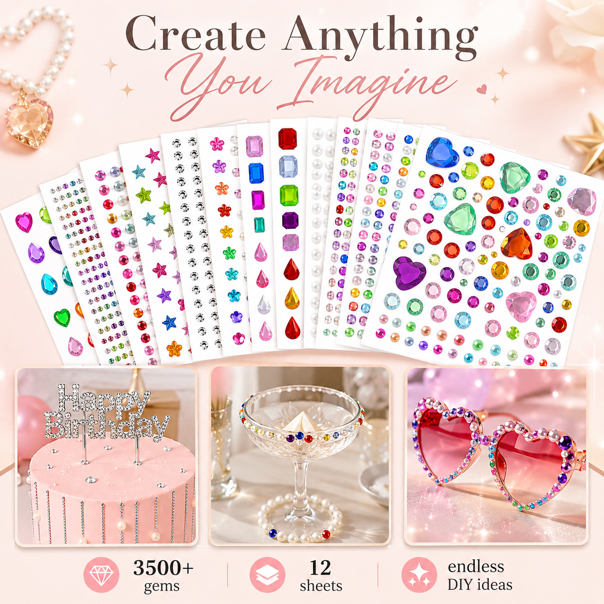 ✨ 3,500-Piece Rhinestone Sticker Kit – 12 Sheets of Sparkling 3D Gem & Pearl Stickers💎