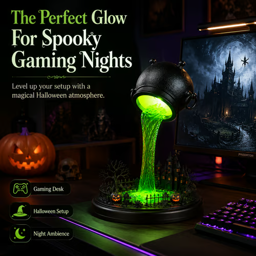 Glowing Witch Cauldron Desk Lamp | Spilling Green Magic Light With Haunted Castle, Pumpkins & Gothic Halloween Vibes