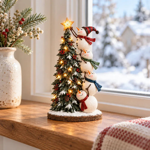 ⛄ Four Snowmen Light-Up Christmas Tree Figurine – LED Holiday Tabletop Decoration
