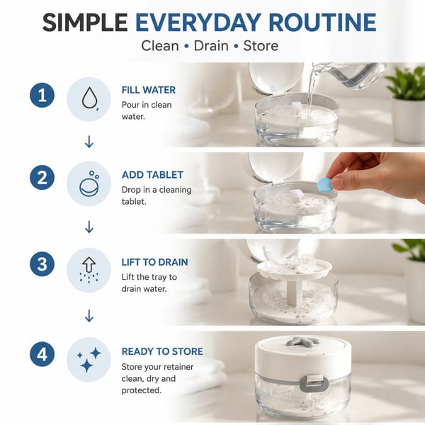 Portable 3-in-1 Retainer Cleaner Case | Clean, Drain, Dry & Store Aligners, Mouth Guards And Dentures In One Compact Organizer