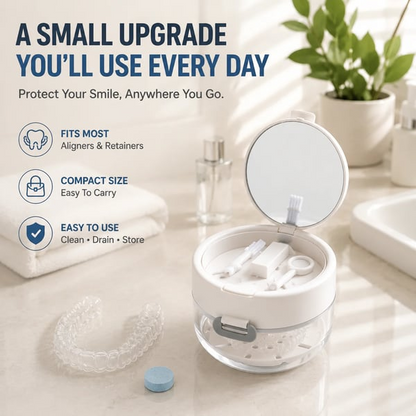 Portable 3-in-1 Retainer Cleaner Case | Clean, Drain, Dry & Store Aligners, Mouth Guards And Dentures In One Compact Organizer