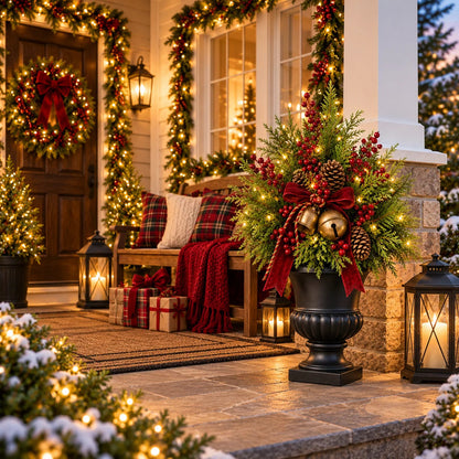 🔥 LAST DAY 50% OFF 🔥🎄 24' Pre-Lit Christmas Evergreen Urn Filler™ – Festive Holiday Arrangement with Berries, Pinecones & Vintage Bells ✨🔔