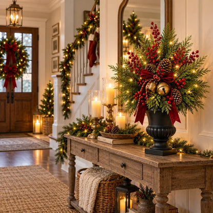 🔥 LAST DAY 50% OFF 🔥🎄 24' Pre-Lit Christmas Evergreen Urn Filler™ – Festive Holiday Arrangement with Berries, Pinecones & Vintage Bells ✨🔔