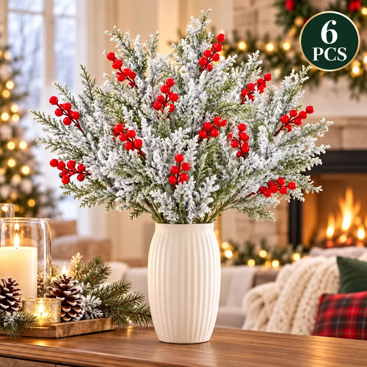 ❄️ Snow-Frosted Christmas Greenery & Red Berry Stems – Elegant Winter Home Decor 🎄