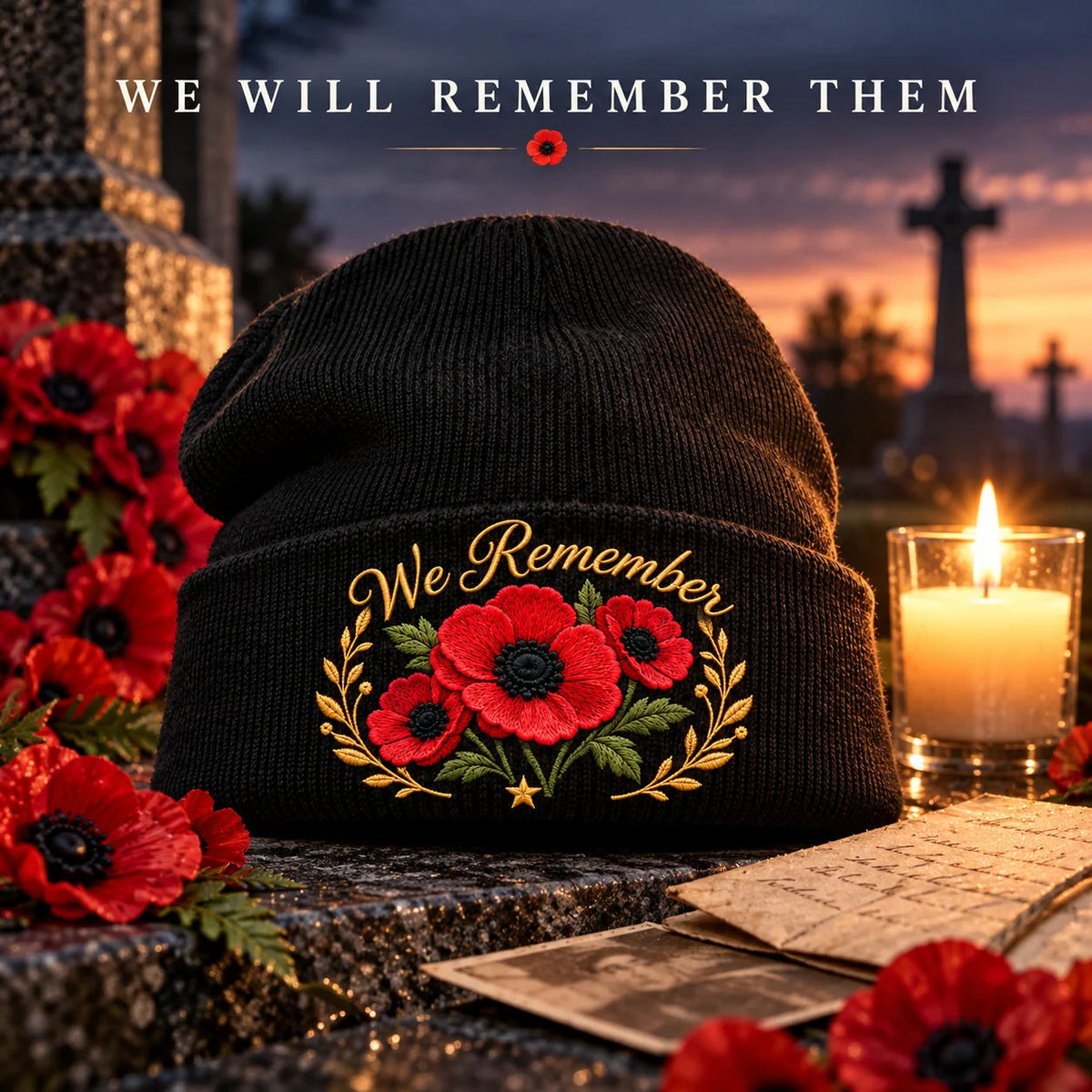 🌺 Lest We Forget — Poppy Tribute Remembrance Beanie