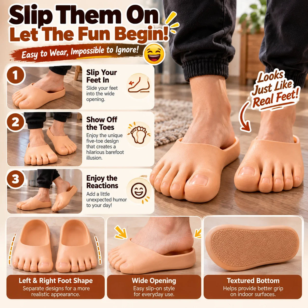 🔥 50% OFF-😂 Realistic Barefoot Slippers – Funny Giant Toe Slides, Hilarious Prank Gift 👣