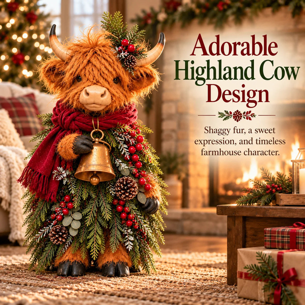 Christmas Highland Cow with Bell – Rustic Farmhouse Holiday Figurine with Evergreen Accents & Burgundy Scarf