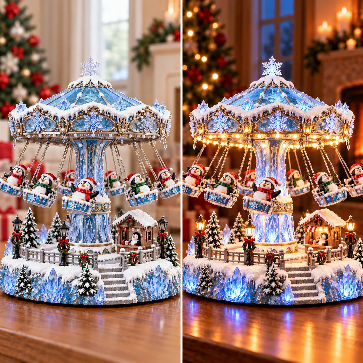 🐧 Penguin Winter Swing Carnival – Light-Up Rotating Christmas Village Decor