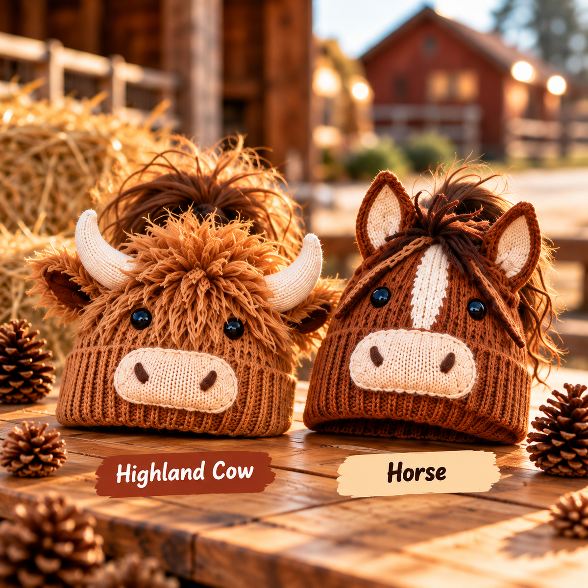 🐮🐴 Cozy Farm Friends™ – Highland Cow & Horse Ponytail Beanie | Cute Animal Knit Winter Hat for Men & Women