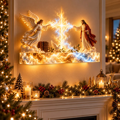 ✝️✨ Divine Light of Faith™ – 3D Lighted Jesus & Angel Wall Art with Glowing Cross