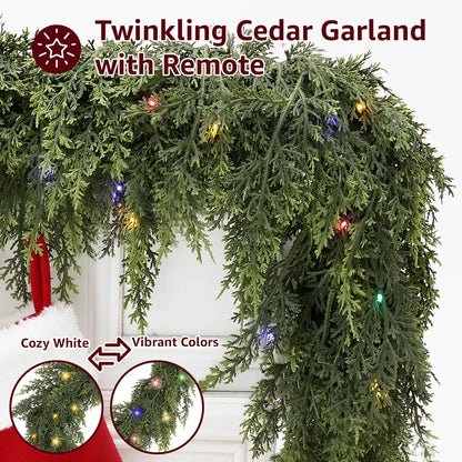 2-Pack Pre-Lit Artificial Cedar Hanging Garland Set with Remote Switch
