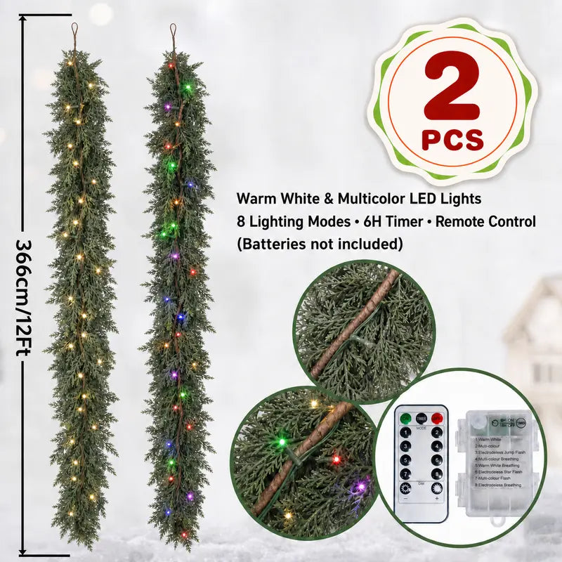 2-Pack Pre-Lit Artificial Cedar Hanging Garland Set with Remote Switch