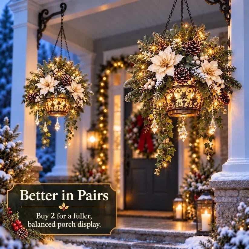✨❄️ Winter Bloom Glow™ Hanging Basket – Lighted Christmas Porch Decor