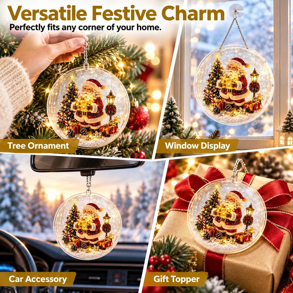 🎅⛄Christmas acrylic puzzle ornament, Santa Claus snow scene transparent tile puzzle, Christmas holiday decoration