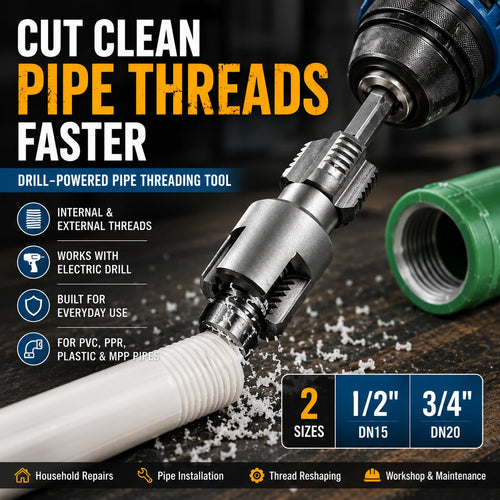 Drill-Powered Pipe Thread Cutting Bit — Internal & External Threading for 1/2" & 3/4" Plastic Pipes