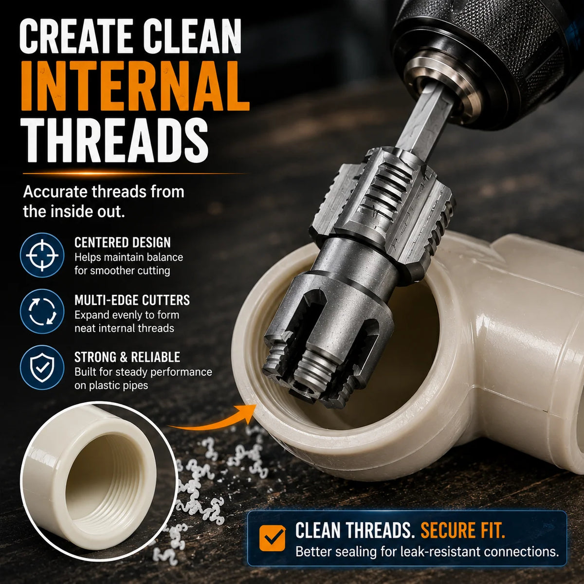 Drill-Powered Pipe Thread Cutting Bit — Internal & External Threading for 1/2" & 3/4" Plastic Pipes