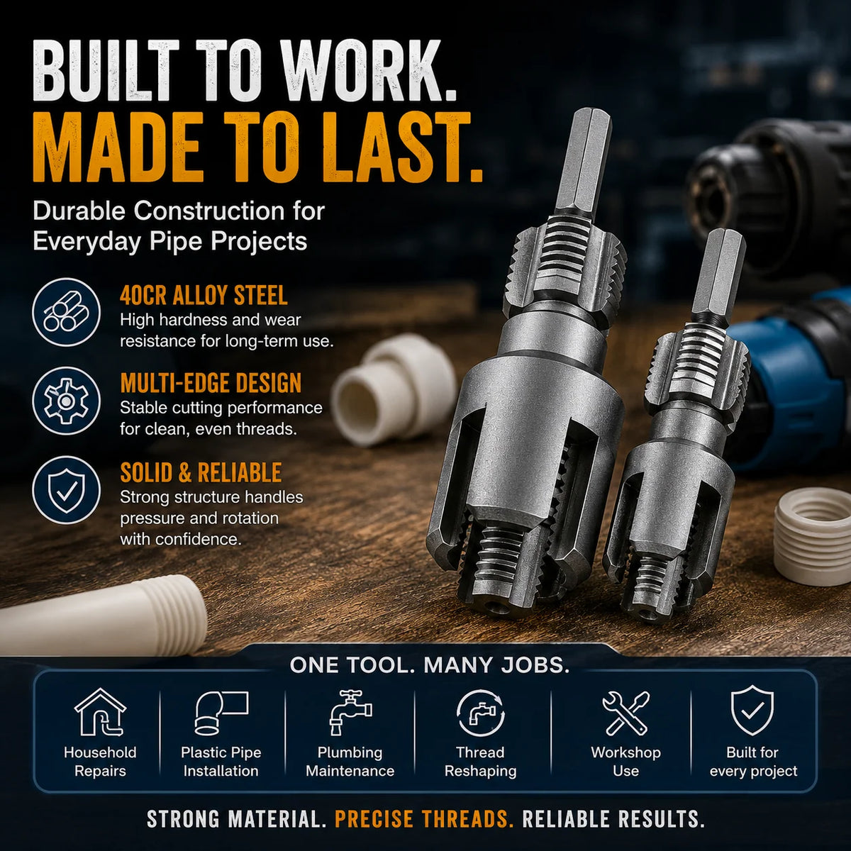 Drill-Powered Pipe Thread Cutting Bit — Internal & External Threading for 1/2" & 3/4" Plastic Pipes