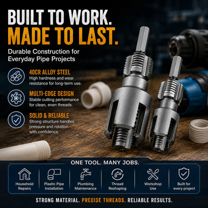 Drill-Powered Pipe Thread Cutting Bit — Internal & External Threading for 1/2" & 3/4" Plastic Pipes