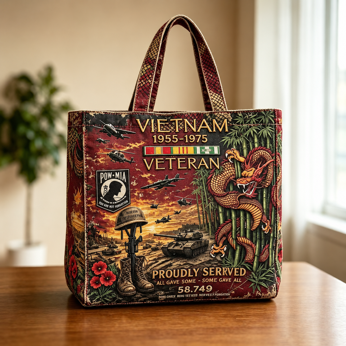 🌹🪖Vietnam Veteran Canvas Tote Bag – Embroidered Tribute Gift