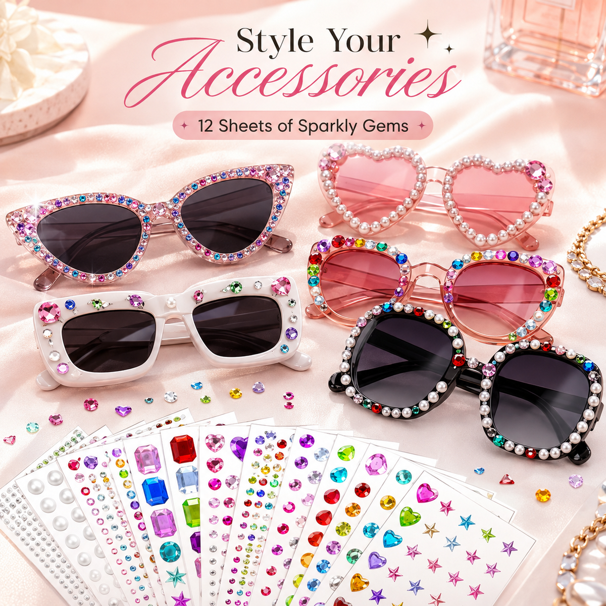 ✨ 3,500-Piece Rhinestone Sticker Kit – 12 Sheets of Sparkling 3D Gem & Pearl Stickers💎