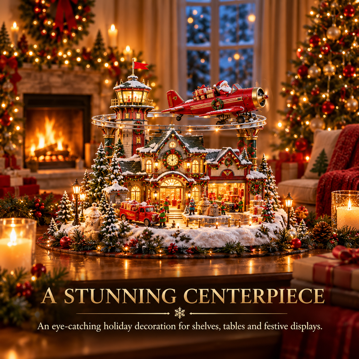 ✈️ North Pole Air Mail Village™ – Lighted Christmas Airport with Santa's Plane, Elf Workshop & Gift Depot